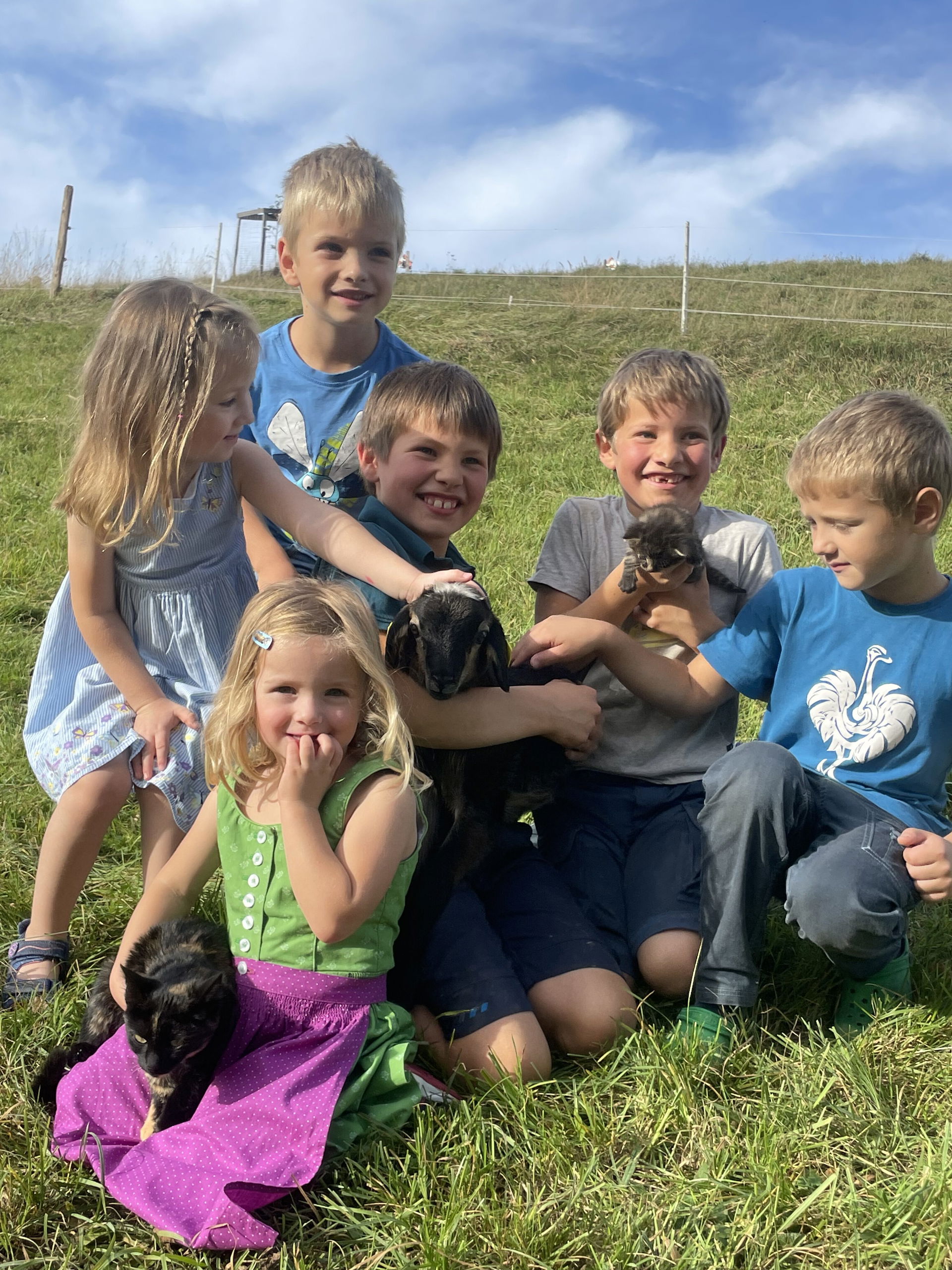 Glückliche Kinder mit Tieren auf der Wiese